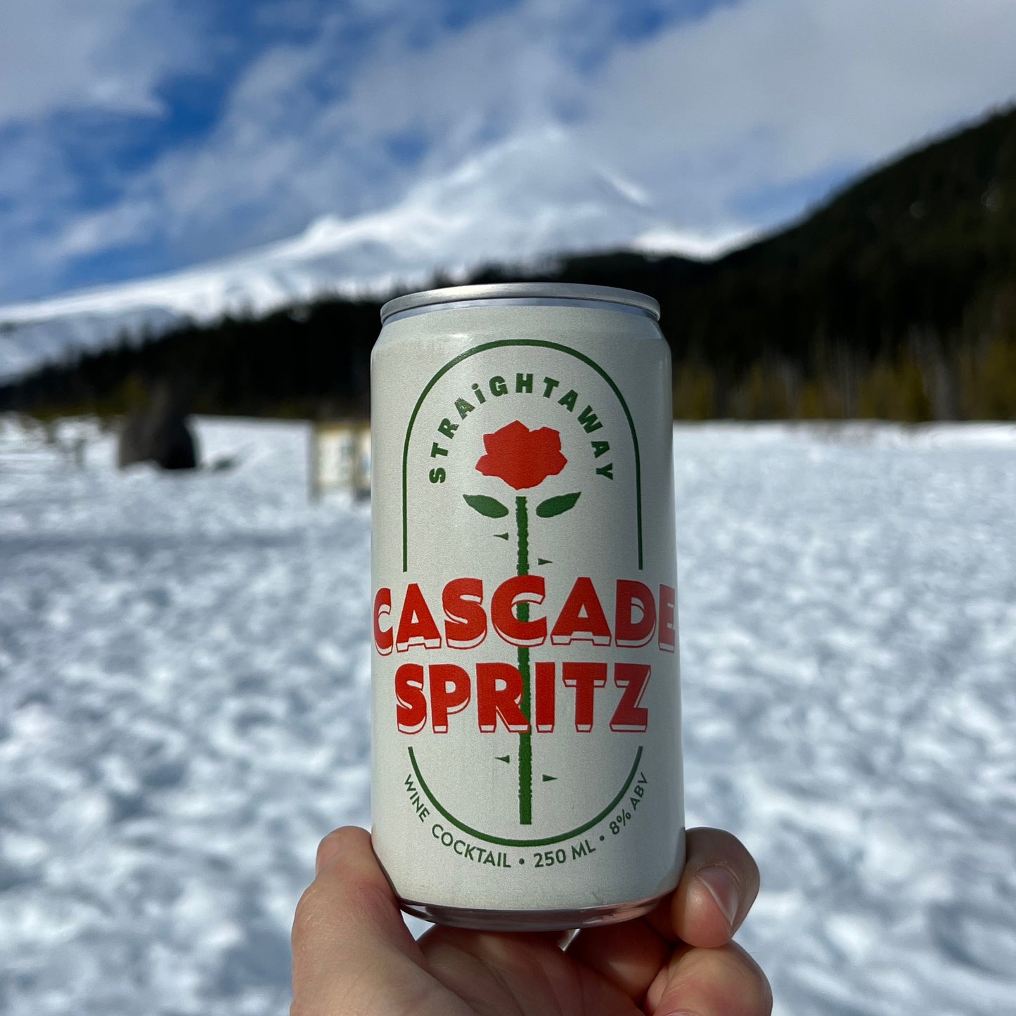 Can of Cascade Spritz in front of Mt Hood